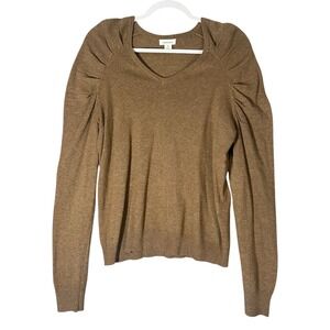 Sundance Puff Shoulder V-Neck Knit Sweater Sz M Lambswool Cashmere Blend Neutral